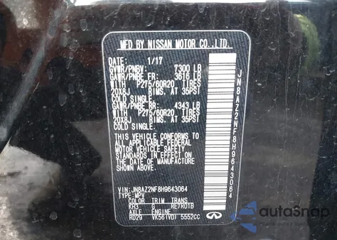 2017 Infiniti Qx80 z USA, uszkodzony, nr VIN JN8AZ2NF8H9643064